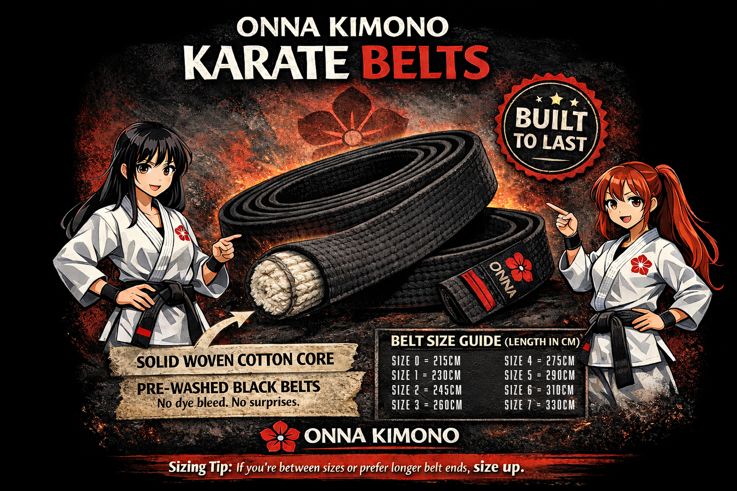 Onna Kimono karate belts advertisement with characters and belt size guide.