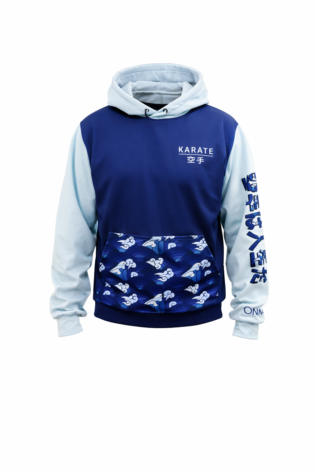 Blue and gray hoodie with 'Karate' text and patterns on a white background