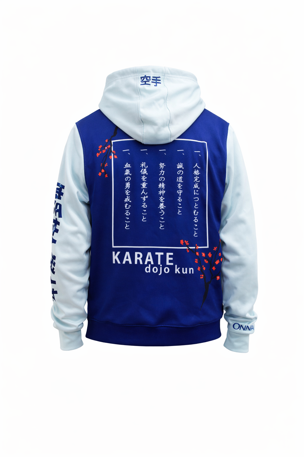 Blue and white hoodie with 'Karate dojo kun' text and design on a white background