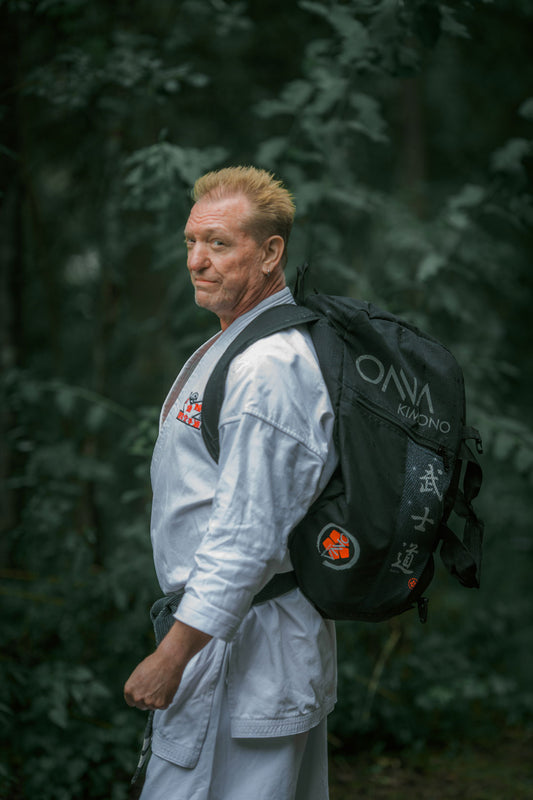     karate gear bag backpack worn by martial artist