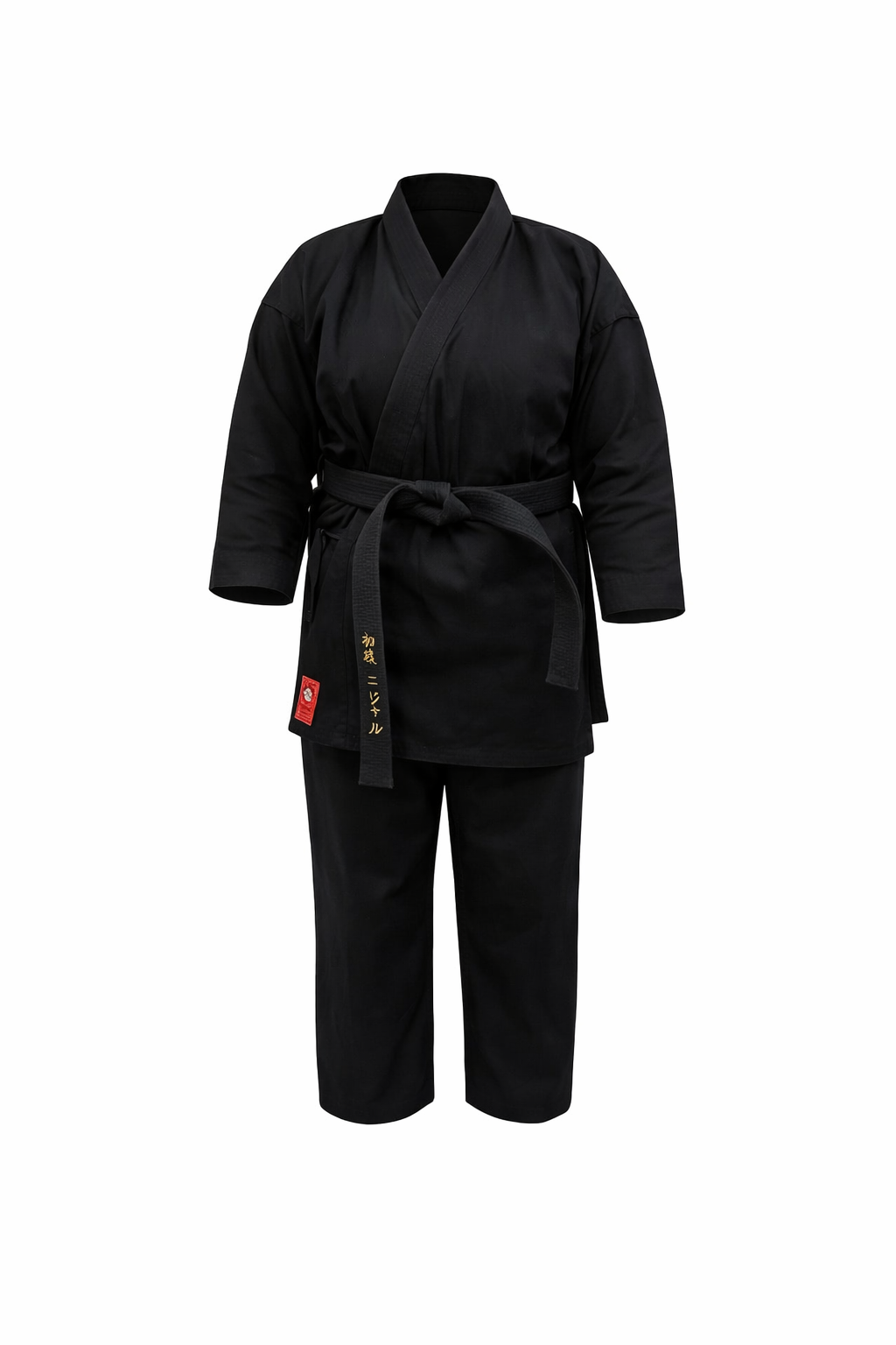 Black martial arts uniform with a belt on a white background