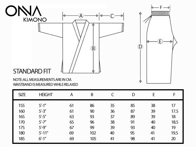 Standard fit size chart by Onna Kimono