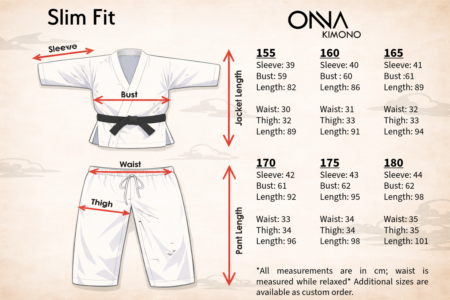 Slim Fit Karate Size Chart - Onna Kimono