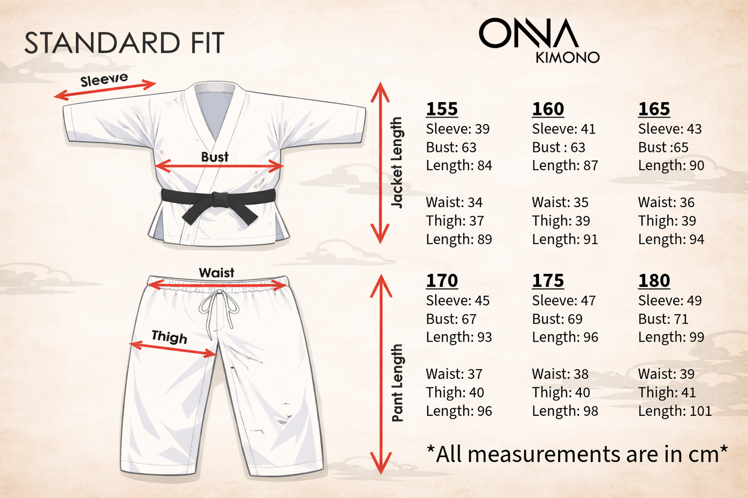 Standard Fit Karate Size Chart - Onna Kimono