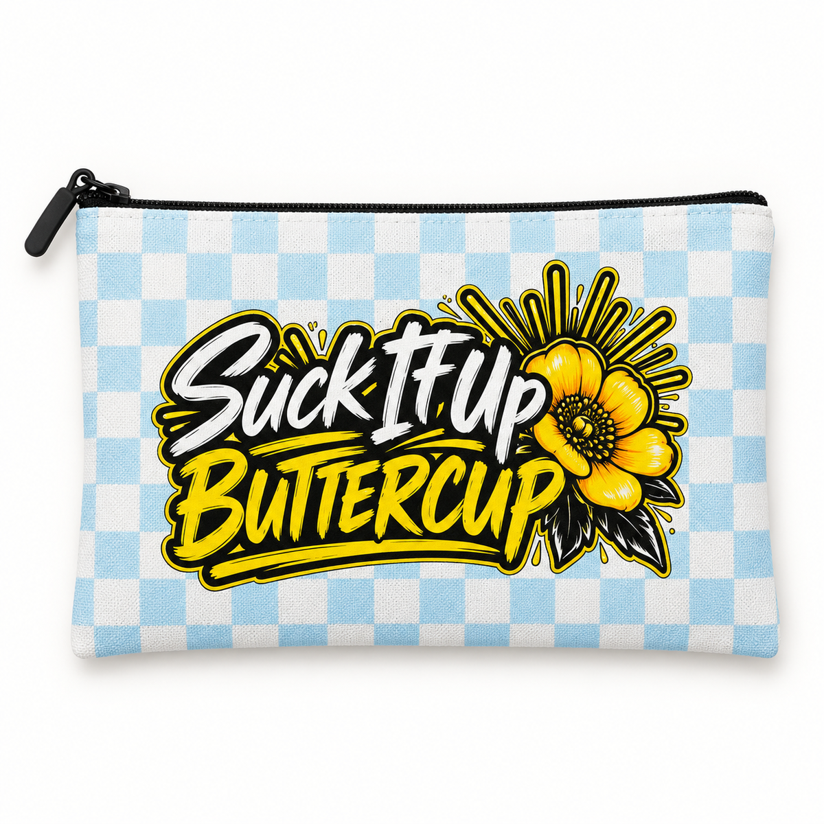 Blue and white checkerboard Everyday Violence Kit pouch with “Suck It Up Buttercup” lettering, a yellow flower, and black zipper.