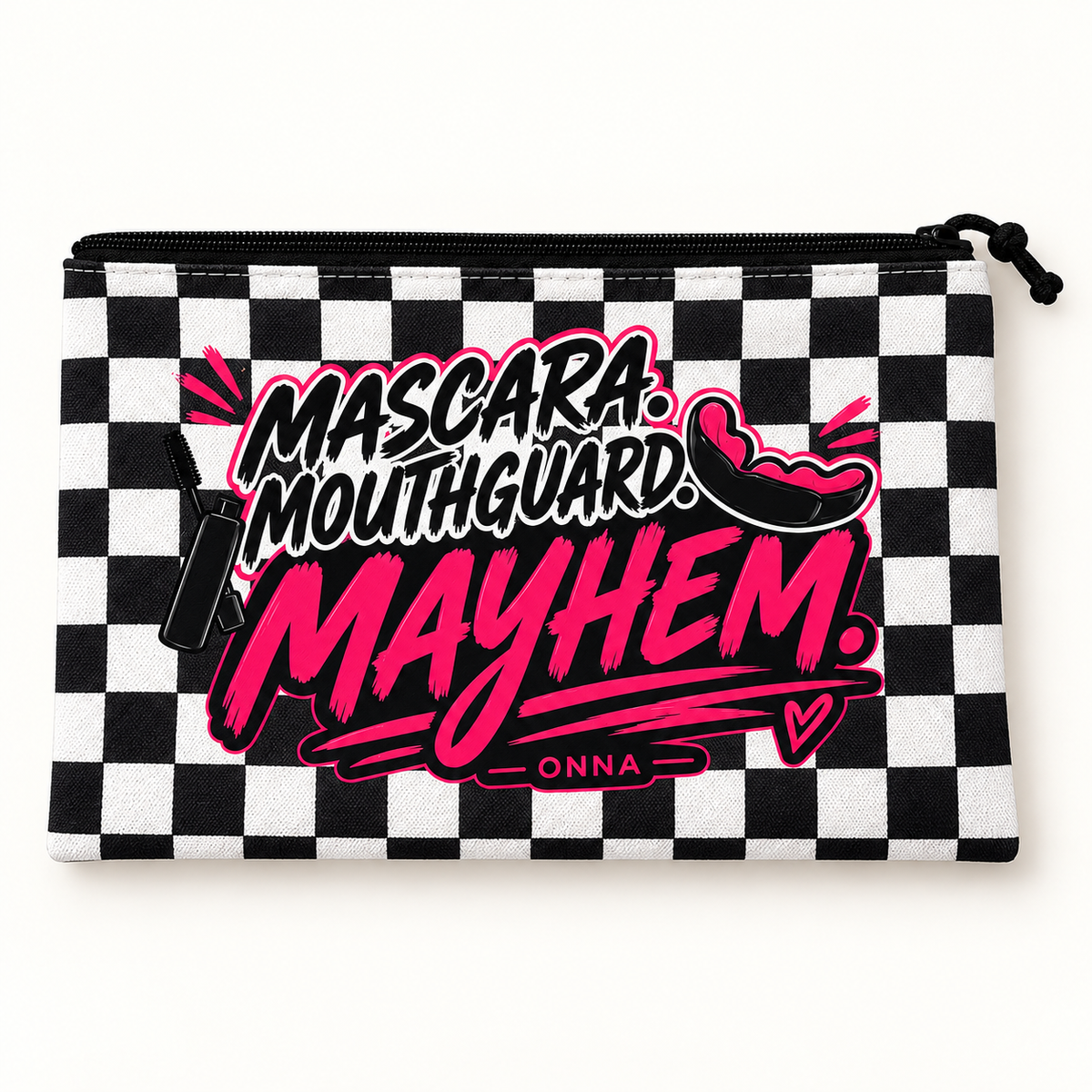 Black and white checkerboard Everyday Violence Kit pouch with “Mascara. Mouthguard. Mayhem.” lettering in black and hot pink, and a black zipper.