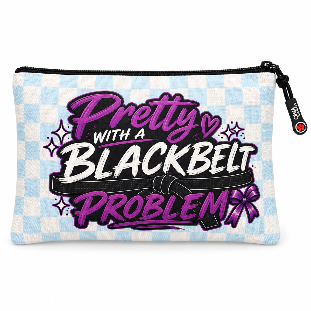 Light blue and white checkerboard Everyday Violence Kit pouch with purple “Pretty with a Blackbelt Problem” design and black zipper.