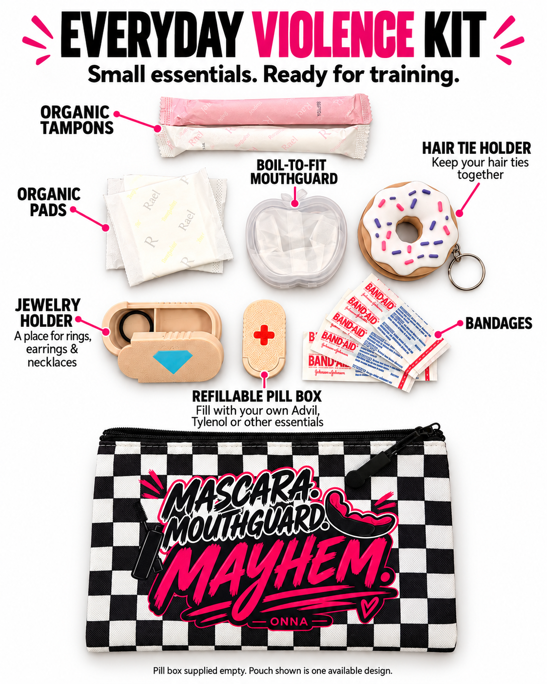 Everyday Violence Kit contents arranged beside a black-and-white checkerboard pouch, including wrapped period products, bandages, small storage cases, and a doughnut-shaped accessory.