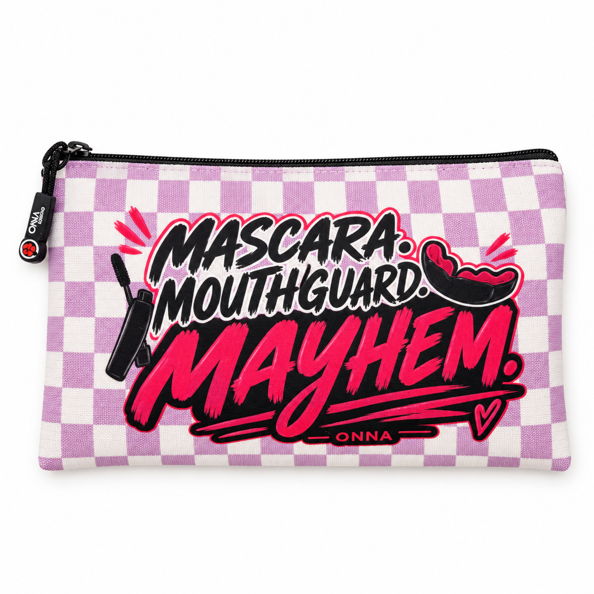 Lilac and white checkerboard Everyday Violence Kit pouch with “Mascara. Mouthguard. Mayhem.” lettering in black and hot pink, and a black zipper.