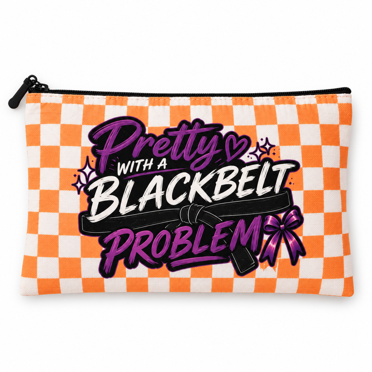 Orange and white checkerboard Everyday Violence Kit pouch with “Pretty with a Blackbelt Problem” lettering, a Purple Bow graphic, and black zipper.