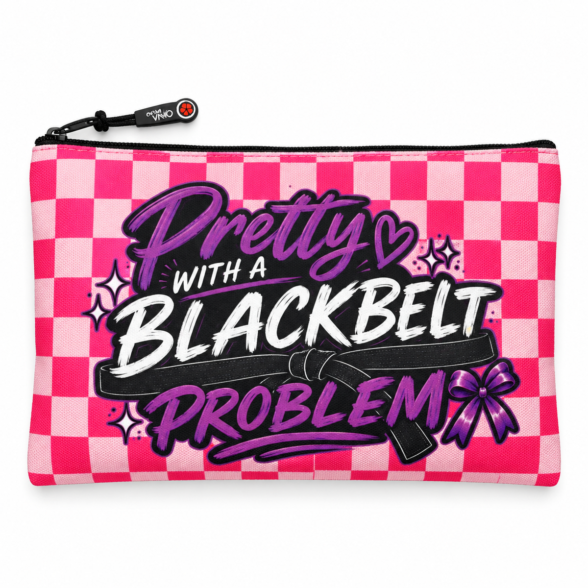 Pink checkerboard Everyday Violence Kit pouch with purple “Pretty with a Blackbelt Problem” design and black zipper.