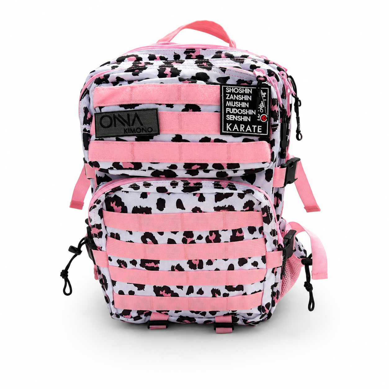 Pink leopard training backpack designed to carry karate uniforms, belts and sparring equipment